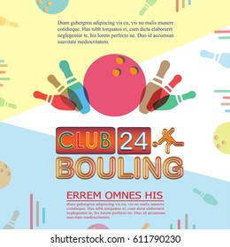 Bowling tournament poster or flyer. Abstract vector illustration of bowling game, ball and pins. 