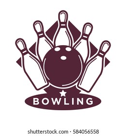 Bowling tournament poster or logo vector template of ball and skittle pins strike for sport game contest