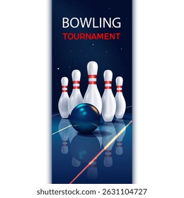 Bowling tournament poster with pins and bowling ball. The poster is made in blue and white colors. Vector