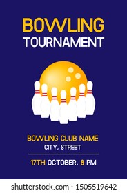 Bowling tournament poster with raw of white pins and yellow ball for bowling club. A4 scaled vector invitation flyer template for competitions