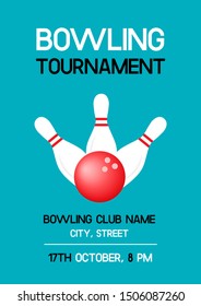 Bowling tournament poster with sample text for bowling clubs. Invitation flyer template with white pins and red ball on the green blue background. A4 scaled vector illustration