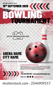 Bowling tournament poster template with ball, pin, arrows, grungy and halftone elements and place for your photo - vector illustration