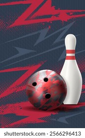 Bowling tournament poster template with ball, pin and dynamic halftone grungy background - vector illustration