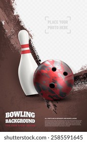 Bowling tournament poster template with ball, skittle, grungy background, copy space and place for your photo - vector illustration