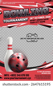Bowling tournament poster template with ball, skittle, grungy and halftone elements and place for your photo - vector illustration