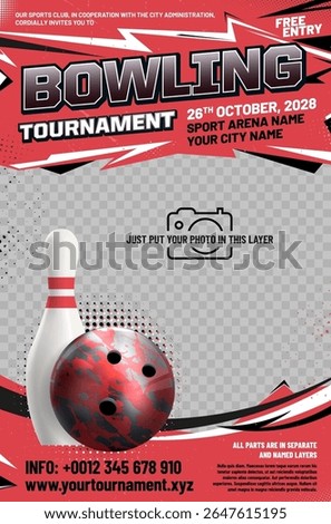 Bowling tournament poster template with ball, skittle, grungy and halftone elements and place for your photo - vector illustration
