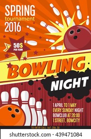 Bowling Tournament Poster Template. Design with Bowling Ball and Pins. Flat Style. Vector illustration.