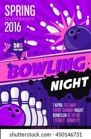 Bowling Tournament Poster Template. Design with Bowling Ball and Pins. Flat Style. Vector illustration.