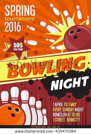 Bowling Tournament Poster Template. Design with Bowling Ball and Pins. Flat Style. Vector illustration.