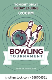 Bowling tournament poster template. Sport game contest event invitation sign or banner. Vector balls and skittle pins strike