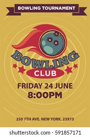 Bowling tournament poster template. Sport game contest event invitation sign or banner. Vector balls and skittle pins strike