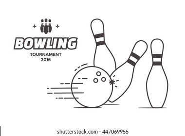 Bowling tournament poster. Vector linear style illustration bowling ball and pins.