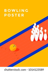 Bowling tournament poster vector template. Flyer with illustration bowling ball and pins.