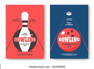 Plantilla vectorial de afiches del torneo de boliche. Volante con ilustración bolera y pines.