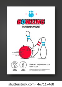 Plantilla vectorial de póster para torneo de boliche. Volante con ilustración de línea bolera y bolos.