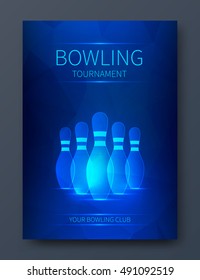 Bowling tournament poster vector template. Flyer with neon bowling skittles.