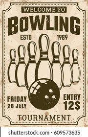 Bowling tournament poster in vintage style vector illustration with grunge textures and sample text on separate layers