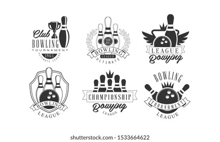 Bowling Tournament Retro Labels Set, Championship League Monochrome Badges Vector Illustration