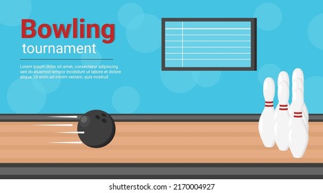 Bowling tournament vector banner. Horizontal poster with ball and pins on bowling alley