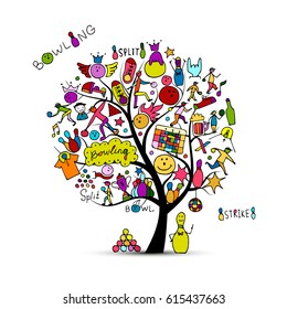 Bowling tree concept, sketch for your design. Vector illustration