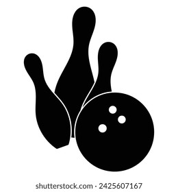 Icono de vector de bolos. Boliche pins skittles con bola. Deporte, torneo de juego, símbolo del club. Silueta negra. Ilustración de logotipo sólido.