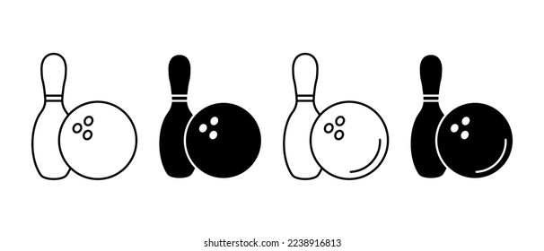 Bowling vector icon set. Black bowling ball and skittles symbol. Bowling line isolated logo