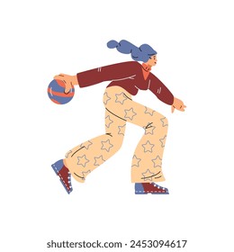 Bowling. Vector illustration of a girl with blue hair throwing a bowling ball. A character in motion plays bowling. Have a fun time. Flat illustration on isolated background.