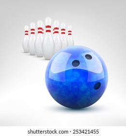 Bowling vector illustration. Grey blue ball and pins isolated.