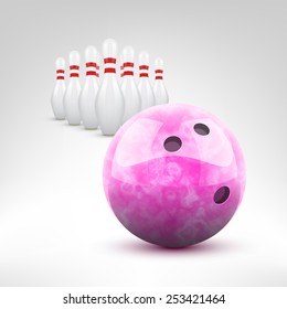 Bowling vector illustration. Pink bowling ball and pins isolated.