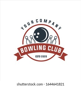 Bowling vector logotype, emblem and badge. Club gaming play, skittle and strike illustration. Template for bowling club, tournament, champion, challenge, Bowling vintage logo. 