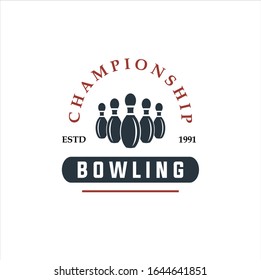 Bowling vector logotype, emblem and badge. Club gaming play, skittle and strike illustration. Template for bowling club, tournament, champion, challenge, Bowling vintage logo. 