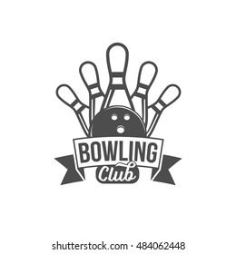 Bowling vector logotype, emblem and badge. Club gaming play, skittle and strike illustration. Template for bowling club, tournament, champion, challenge.