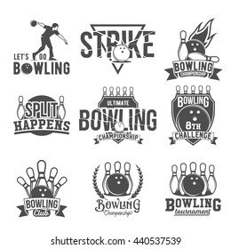 Bowling vector logotypes, emblems and badges set. Club gaming play, skittle and strike illustration. Template for club, tournament, champion, challenge.
