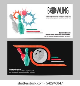 Bowling vector poster, flyer or banner design. Watercolor colorful bowling pins and balls illustration. 