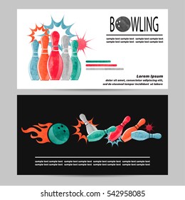 Bowling vector poster, flyer or banner design. Watercolor bowling pins and balls illustration. 