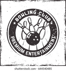 Bowling vector round badge  in vintage style with skittles and grunge textures on white background