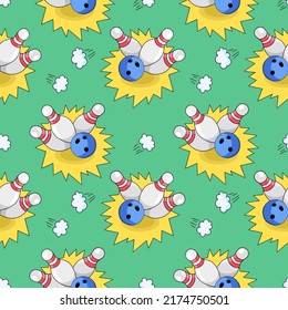 Bowling, vector seamless pattern in the style of doodles, hand drawn