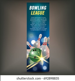 Bowling vertical banner with bowling champ club and leagues symbols realistic isolated