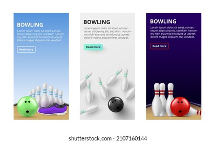 Bowling vertical banner landing page set realistic vector illustration. Collection internet advertising championship game competition with skittles, balls and shoes isolated. Homepage user interface