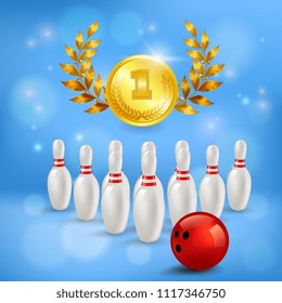 Bowling victory 3d composition golden medal with laurels pins and ball on blurred blue background vector illustration