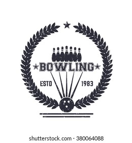 Bowling vintage logo, sign with wreath on white, vector illustration