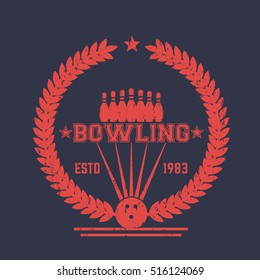 Bowling vintage logo, sign with wreath, badge with ball and pins
