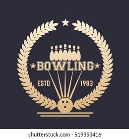 Bowling vintage logo with wreath, badge with ball and pins, gold on dark