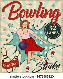 Bowling vintage poster with girl playing bowling in club.