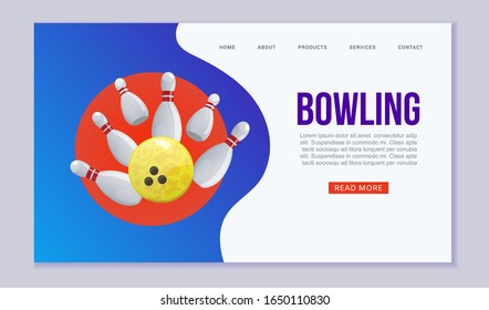 Bowling web vector template illustration. Ball crashing into the white glossy skittles. Sport bowling theme website or landing. Bowling sportive club web page.