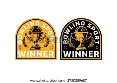 Bowling winner trophy with ball and laurel branches retro badge logo design set for sport league. Bowling cup and ball vintage patch symbol graphic pack for sport team and tournament