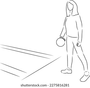 Bowling woman, vector. Hand drawn sketch. A woman with a bowling ball in her hands near the bowling alley.