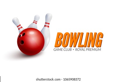 Bowling word 3d design template. Bowl and skittle 3d concept of bowling club.