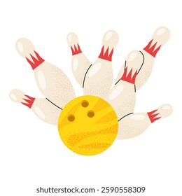 Bowling. Yellow bowling ball knocks down the pins. Skittles and balls on a white background. For designs team sports and outdoor activity themes.