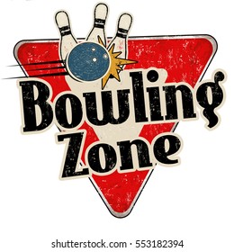 Bowling zone vintage rusty metal sign on a white background, vector illustration